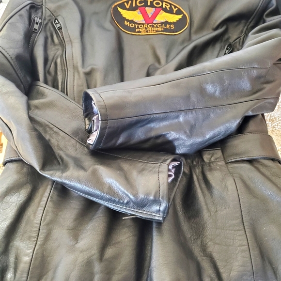 VICTORY MOTORCYCLE Women M Black Leather Moto Zips Jacket Belted Logos V… - Picture 11 of 16